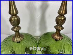 Vintage Pair of Mid Century Hollywood Regency Green Optic Glass Table Lamps 70's