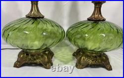 Vintage Pair of Mid Century Hollywood Regency Green Optic Glass Table Lamps 70's Vintage Pair of Mid Century Hollywood Regency Green Optic Glass Table Lamps 70's
