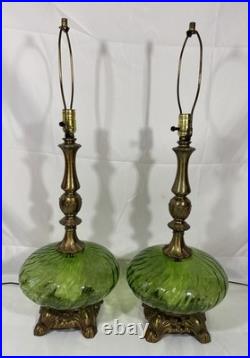Vintage Pair of Mid Century Hollywood Regency Green Optic Glass Table Lamps 70's