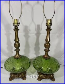 Vintage Pair of Mid Century Hollywood Regency Green Optic Glass Table Lamps 70's Vintage Pair of Mid Century Hollywood Regency Green Optic Glass Table Lamps 70's