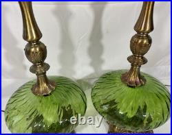 Vintage Pair of Mid Century Hollywood Regency Green Optic Glass Table Lamps 70's