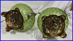 Vintage Pair of Mid Century Hollywood Regency Green Optic Glass Table Lamps 70's