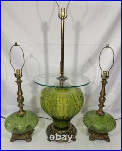 Vintage Pair of Mid Century Hollywood Regency Green Optic Glass Table Lamps 70's