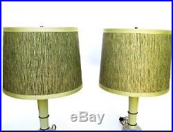 Vintage Pair of Mid Century Paul Hanson Apple Green Ceramic & Brass Trim Lamps
