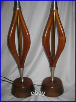 Vintage Pair of VH WOOLUMS Mid Century Modern Table Lamps Teak Wood Danish