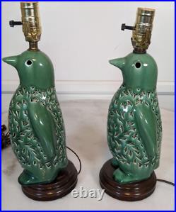 Vintage Penguin MCM Lattice Crackle Glaze Ceramic Lamps Green Working Only Ones
