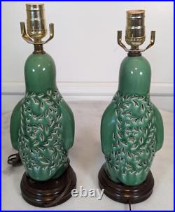 Vintage Penguin MCM Lattice Crackle Glaze Ceramic Lamps Green Working Only Ones