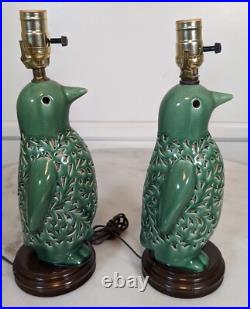 Vintage Penguin MCM Lattice Crackle Glaze Ceramic Lamps Green Working Only Ones