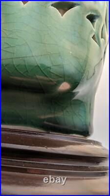 Vintage Penguin MCM Lattice Crackle Glaze Ceramic Lamps Green Working Only Ones