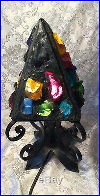 Vintage Peter Marsh Leaded Stained Glass Wrought Iron Table Lamp Chunky Multico