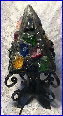 Vintage Peter Marsh Leaded Stained Glass Wrought Iron Table Lamp Chunky Multico