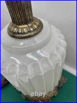 Vintage Pineapple Iridescent Ribbed Glass and Brass Electric 19 Table Lamp