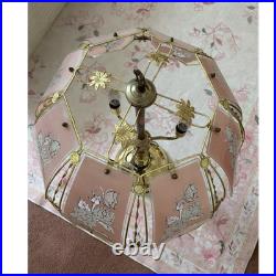 Vintage Pink Floral Panel Shade Table Lamp Brass Finish Pull Chain Corded