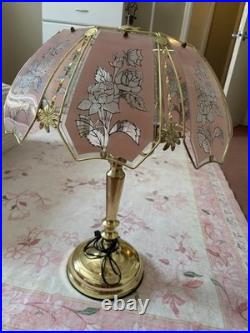 Vintage Pink Floral Panel Shade Table Lamp Brass Finish Pull Chain Corded
