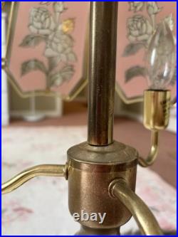 Vintage Pink Floral Panel Shade Table Lamp Brass Finish Pull Chain Corded
