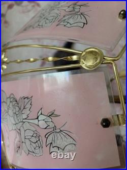 Vintage Pink Floral Panel Shade Table Lamp Brass Finish Pull Chain Corded