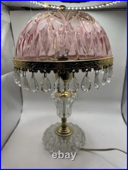 Vintage Pink Glass Lamp with Crystal Prisms & Brass Base Hollywood Regency 14
