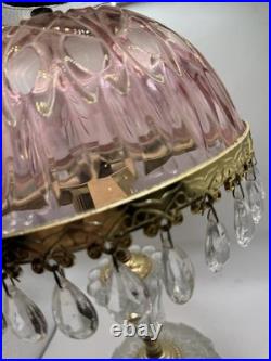 Vintage Pink Glass Lamp with Crystal Prisms & Brass Base Hollywood Regency 14