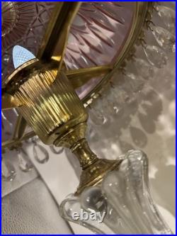 Vintage Pink Glass Lamp with Crystal Prisms & Brass Base Hollywood Regency 14