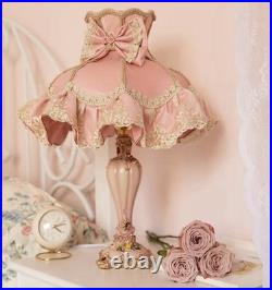 Vintage Pink Table Lamp Lace Bow Fabric Drum Shade and Antique Resin Base