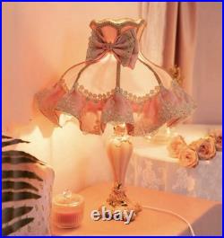 Vintage Pink Table Lamp Lace Bow Fabric Drum Shade and Antique Resin Base