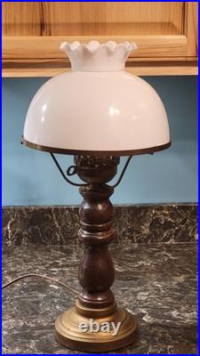 Vintage Plymouth Harlee Table Lamp Hurricane 21 Oak Wood & Brass with Shade