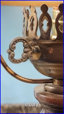 Vintage Plymouth Harlee Table Lamp Hurricane 21 Oak Wood & Brass with Shade