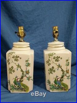 Vintage Porcelain Chinoiserie Hand Painted Table Lamps Peacocks Cream Green Blue