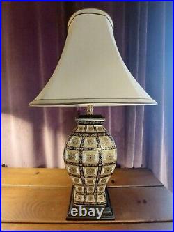 Vintage Porcelain Table Lamp, Hand-Painted Black, White, Gold, Corded Xclt Cond