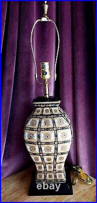 Vintage Porcelain Table Lamp, Hand-Painted Black, White, Gold, Corded Xclt Cond