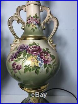 Vintage Porcelain Victorian Urn Lamps Hand Painted green gold table lamp pair