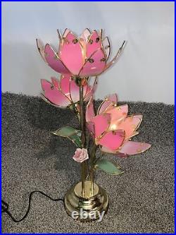 Vintage Postmodern Regency Touch Pink Lotus Flower Brass & Glass 23 Table Lamp