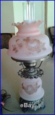 Vintage QUOIZEL 1973 Hurricane Lamp Parlor Table GWTW Pink Floral 3-Way Electric