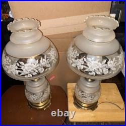 Vintage Quoizel 1978 Hurricane 3-Way Parlor Table Lamp Beige Floral 22 Tall