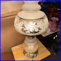 Vintage Quoizel 1978 Hurricane 3-Way Parlor Table Lamp Beige Floral 22 Tall