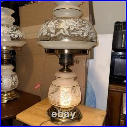 Vintage Quoizel 1978 Hurricane 3-Way Parlor Table Lamp Beige Floral 22 Tall