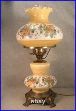 Vintage Quoizel Glass Table Lamp Roses Decorated 22 Inches Tall 3 Way Switch