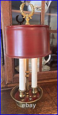 Vintage Red French Bouillotte Style Brass Tole 3 Light Candlestick Table Lamp