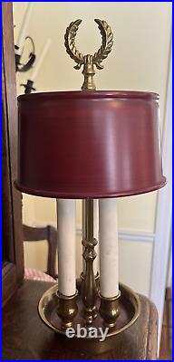 Vintage Red French Bouillotte Style Brass Tole 3 Light Candlestick Table Lamp