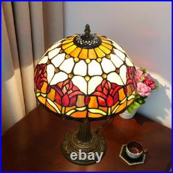 Vintage Red Tulip Tiffany Style Stained Glass Table Lamp Bedroom Bedside Light
