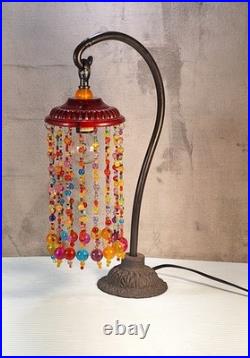 Vintage Retro Multicolor Beaded Table Lamp Antique Bronze Round Shade