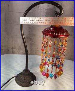 Vintage Retro Multicolor Beaded Table Lamp Antique Bronze Round Shade