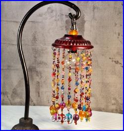Vintage Retro Multicolor Beaded Table Lamp Antique Bronze Round Shade