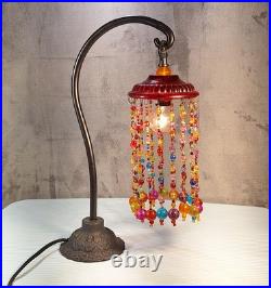 Vintage Retro Multicolor Beaded Table Lamp Antique Bronze Round Shade
