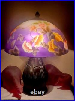Vintage Retro Reverse Paint Purple Floral Mushroom Shade Bronze Table Lamp 15