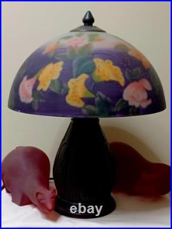 Vintage Retro Reverse Paint Purple Floral Mushroom Shade Bronze Table Lamp 15