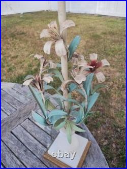 Vintage SIGNED Italy TOLE Table LAMP FLOWERS Botanical Alabaster Garden Rococo