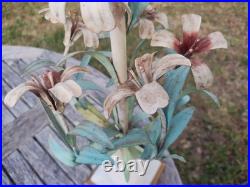 Vintage SIGNED Italy TOLE Table LAMP FLOWERS Botanical Alabaster Garden Rococo