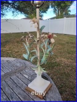 Vintage SIGNED Italy TOLE Table LAMP FLOWERS Botanical Alabaster Garden Rococo