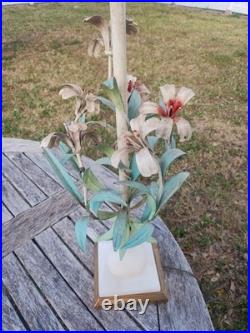 Vintage SIGNED Italy TOLE Table LAMP FLOWERS Botanical Alabaster Garden Rococo